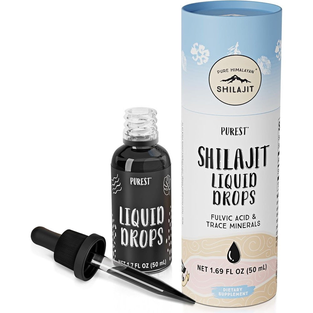 Pure Himalayan Shilajit Liquid Resin Drops front view showing the fifty milliliter dropper bottle.