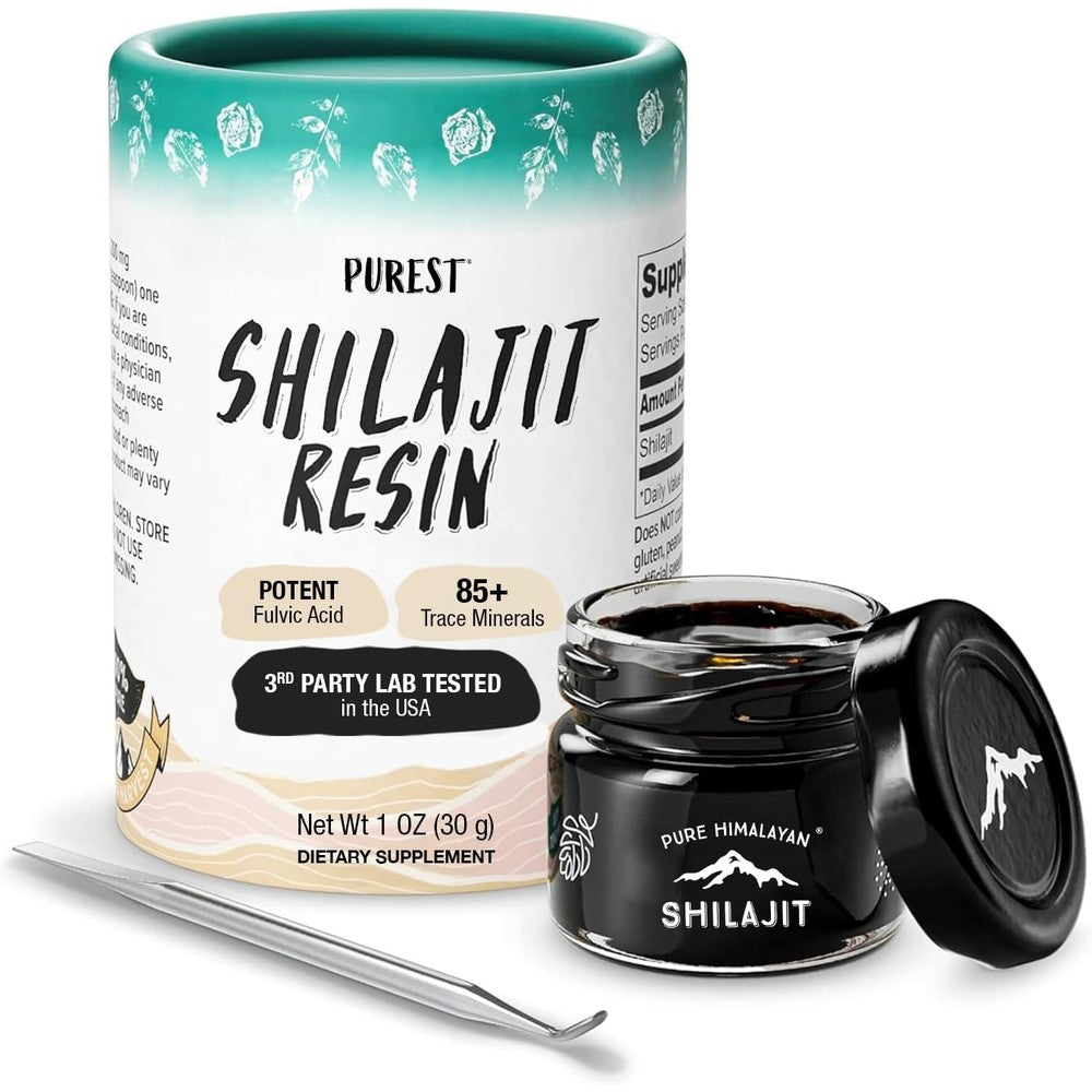 Pure Himalayan Shilajit Grade A Resin front view showing teal rose-patterned packaging