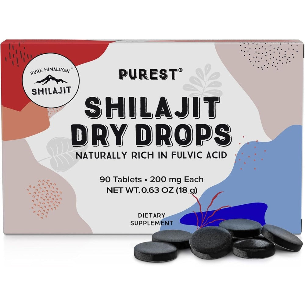 Pure Himalayan Shilajit Dry Drops front view of the ninety tablet bottle showcasing premium packaging.