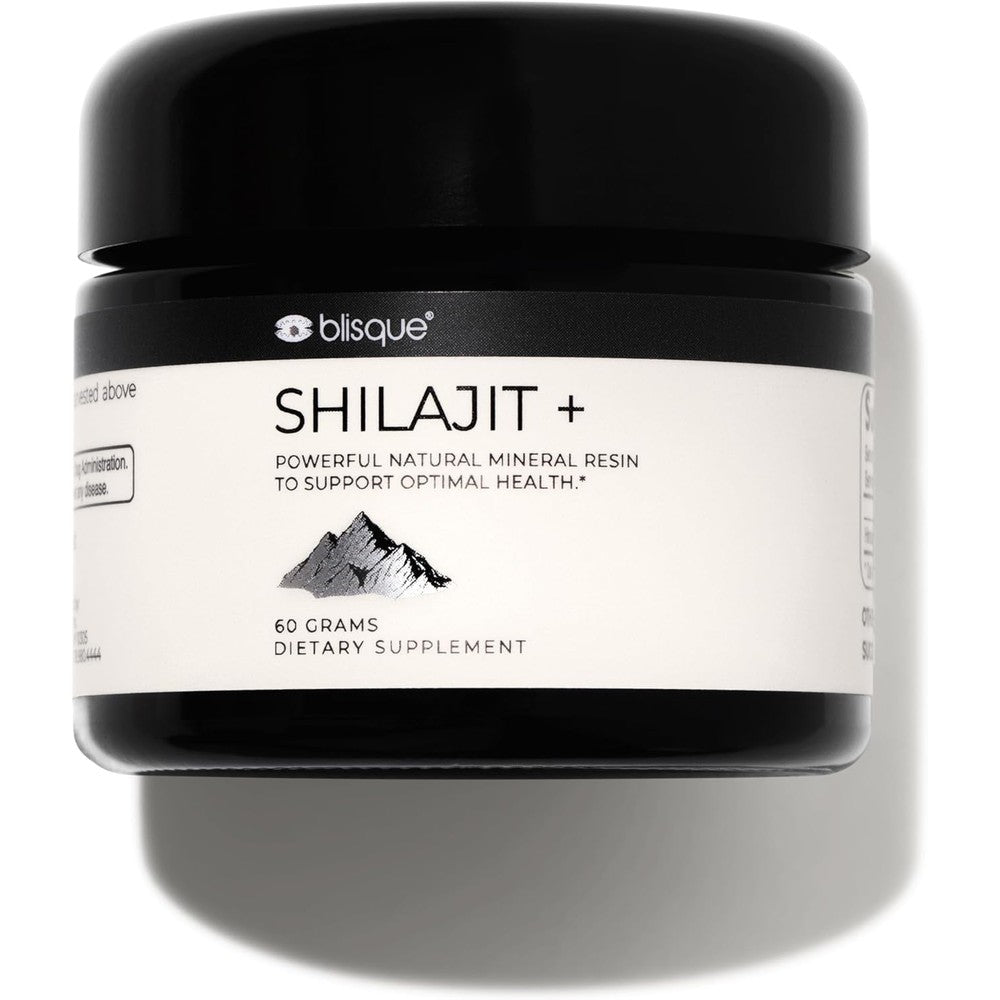 Blisque Pure Himalayan Organic Shilajit Resin 60 Grams jar front view for authentic Ayurvedic wellness.