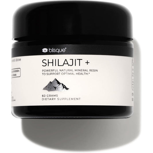 Blisque Pure Himalayan Organic Shilajit Resin 60 Grams jar front view for authentic Ayurvedic wellness.