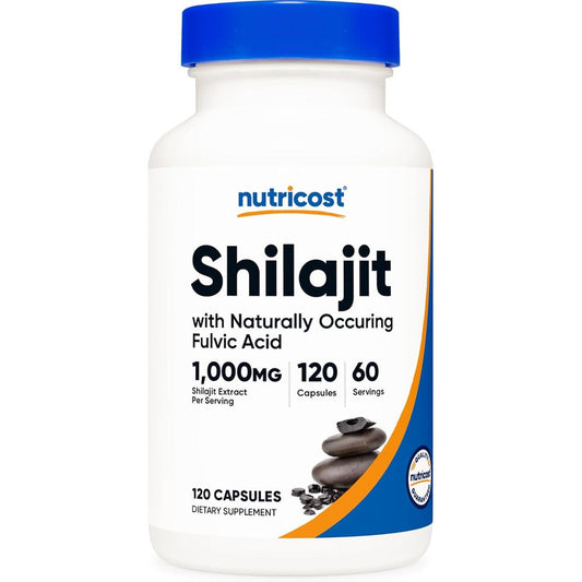 Nutricost Shilajit Extract 1000mg 120 capsules front bottle view for natural energy supplement.