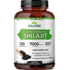Zazzee 100 Percent Pure Himalayan Shilajit Extract 120 vegan capsules front view for daily stamina support
