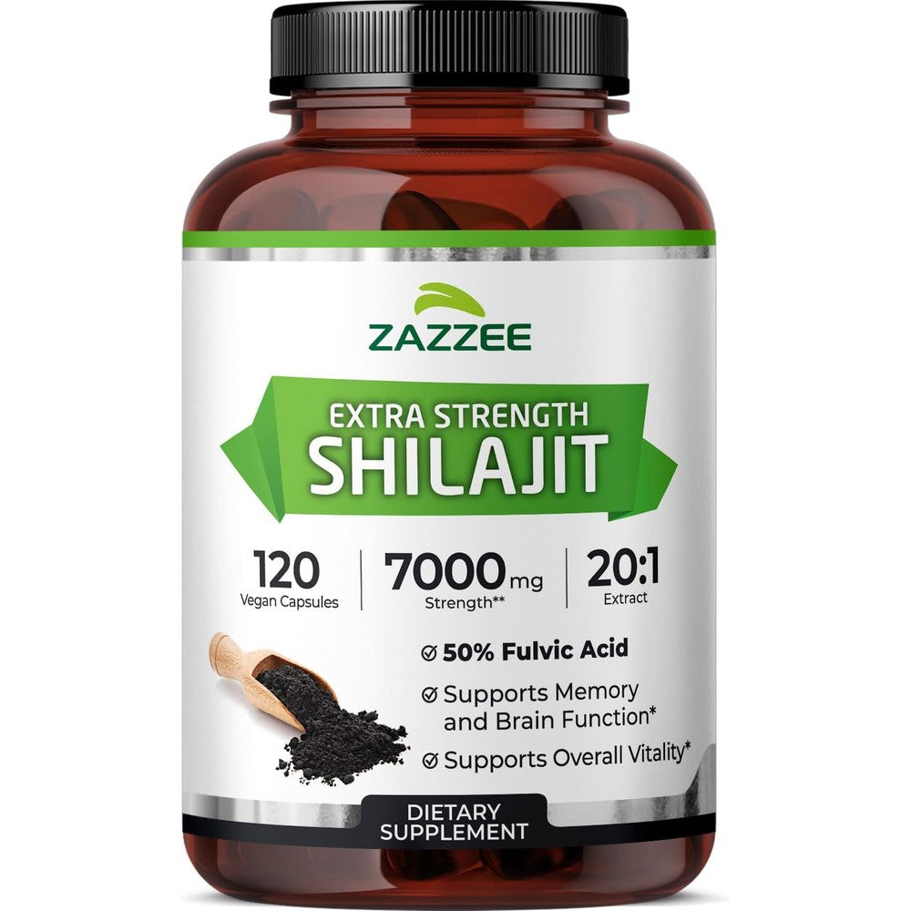 Zazzee 100 Percent Pure Himalayan Shilajit Extract 120 vegan capsules front view for daily stamina support