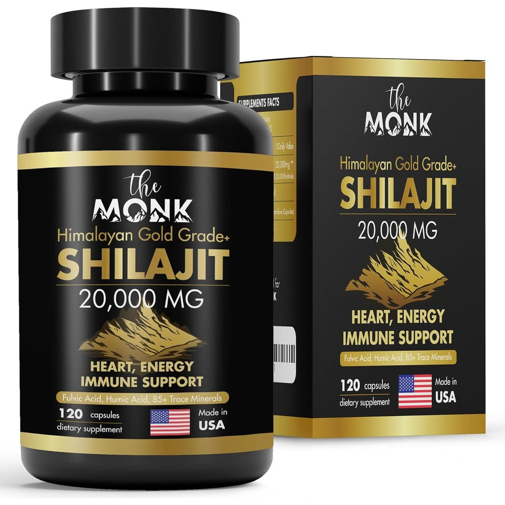 The Monk Organic Shilajit Gold Grade Plus 120 Capsules front view bottle for energy and stamina.