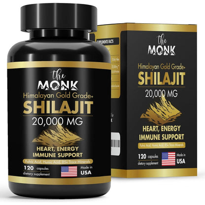 The Monk Organic Shilajit Gold Grade Plus 120 Capsules front view bottle for energy and stamina.