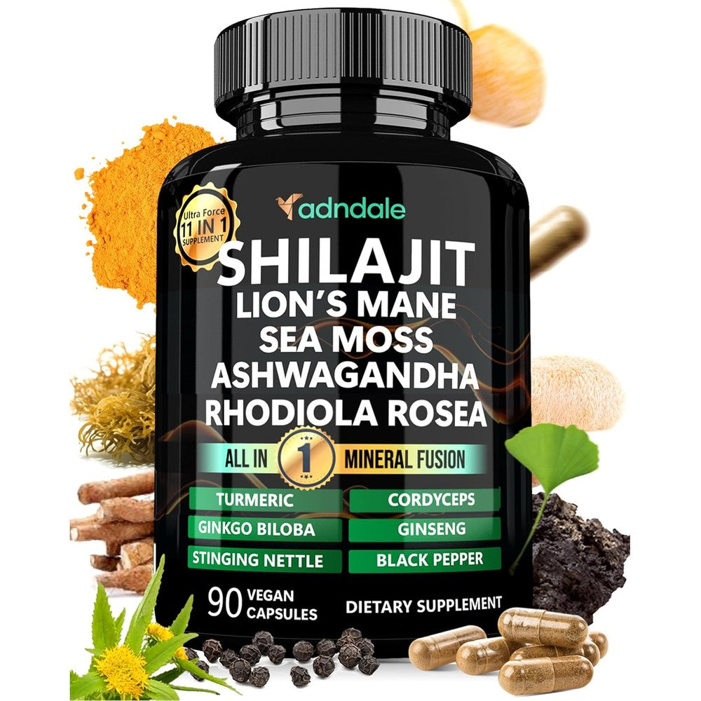 Adndale Pure Himalayan Shilajit Sea Moss Ashwagandha front view of the premium dietary supplement bottle.