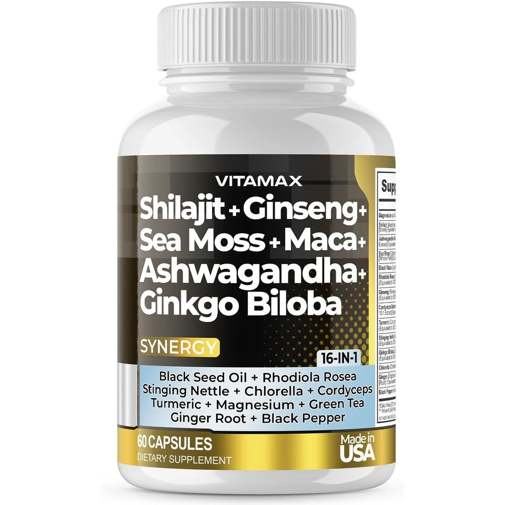 Vitamax Himalayan Shilajit Complex 60 vegan capsules front bottle view for natural energy support.
