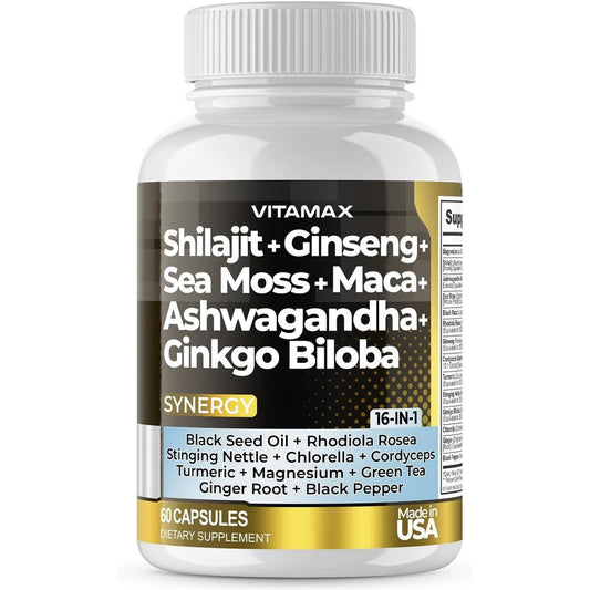 Vitamax Himalayan Shilajit Complex 60 vegan capsules front bottle view for natural energy support.
