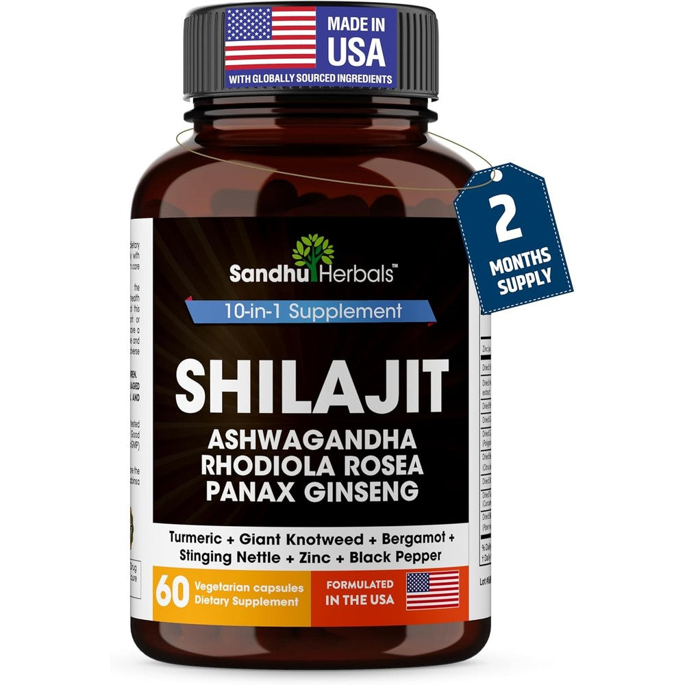 Sandhu Herbals Pure Himalayan Shilajit Ashwagandha Sea Moss 60 Vegan Capsules bottle front view showing product details.