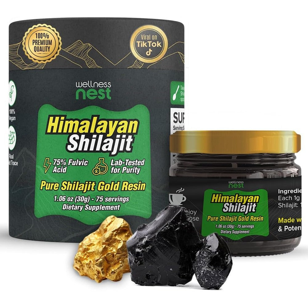 Wellness Nest Gold Grade Pure Himalayan Shilajit Resin front view of the premium glass jar packaging