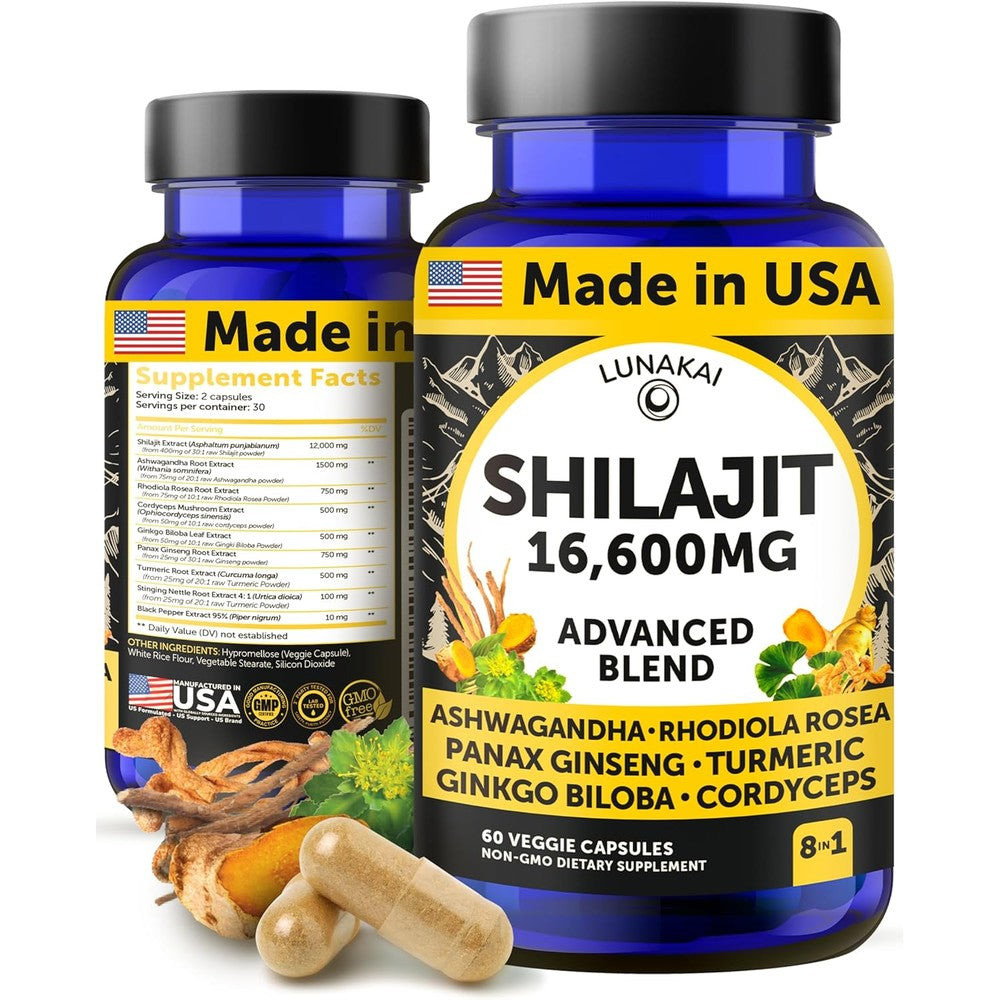 Lunakai Pure Himalayan Shilajit 60 Vegan Capsules front packaging for natural energy support