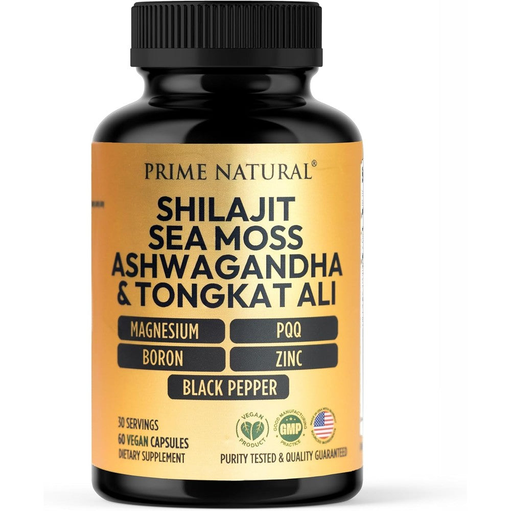 Prime Natural Shilajit 1000mg Complex 60 vegan capsules bottle front view showing primary active ingredients.
