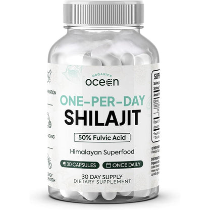 Organics Ocean One Per Day Shilajit front view of the clear plastic bottle containing thirty vegetarian capsules.