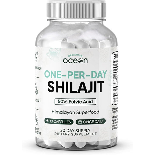 Organics Ocean One Per Day Shilajit front view of the clear plastic bottle containing thirty vegetarian capsules.
