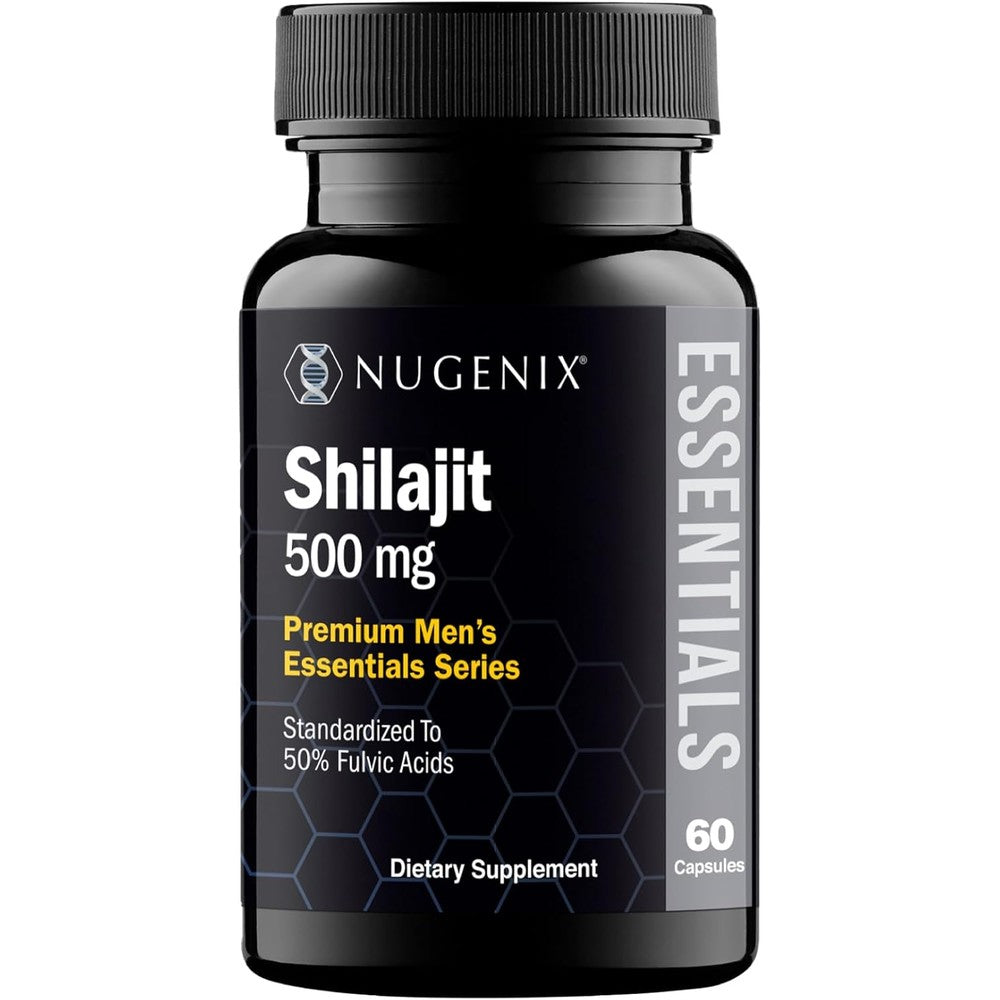 Nugenix Essentials Shilajit 500mg 60 Vegan Capsules front bottle view for vitality supplement
