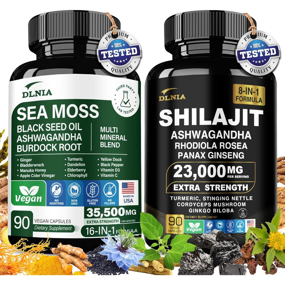 DLNIA Shilajit and Sea Moss Vitality Bundle ninety vegan capsules front view packaging