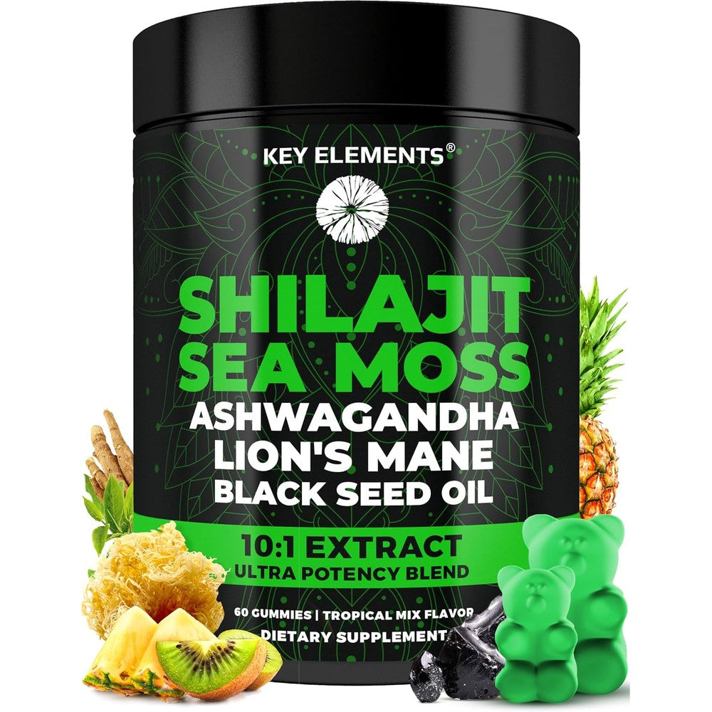 Key Elements Organic Shilajit and Sea Moss Gummies front view bottle showing sixty pieces for immune support.