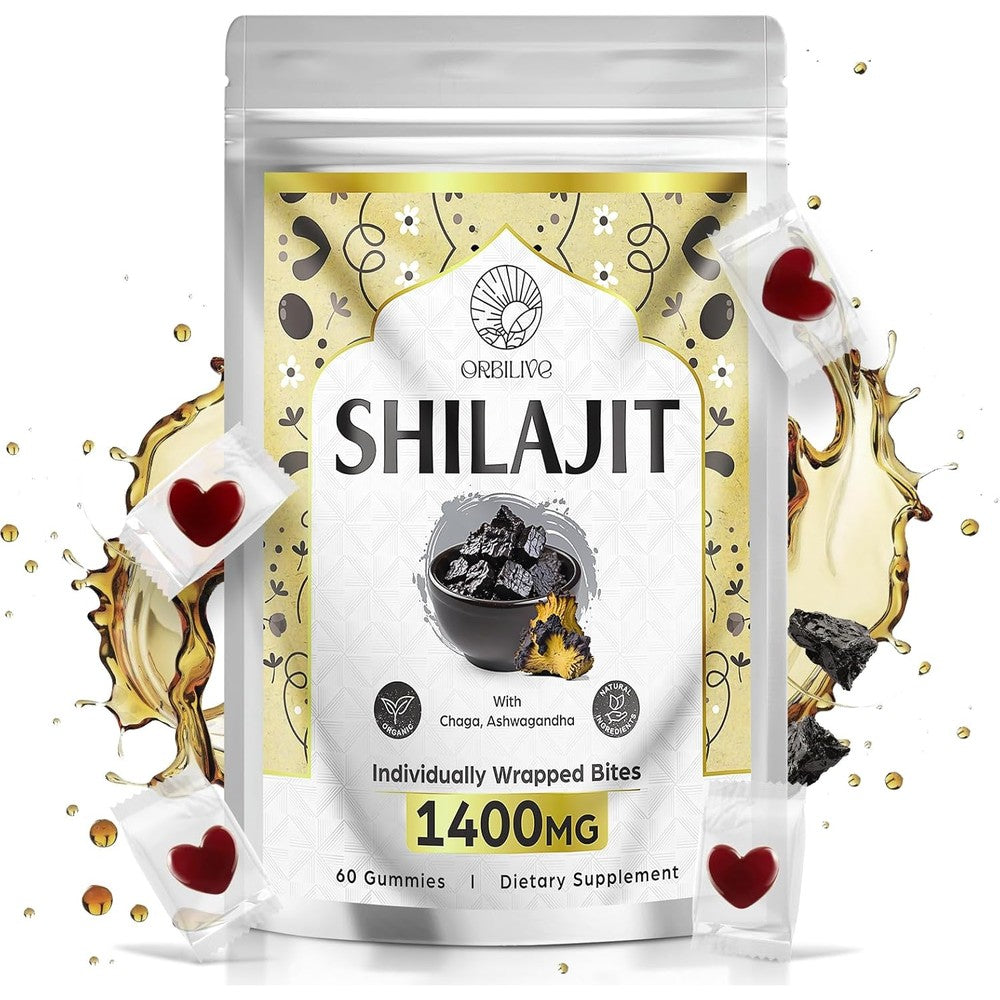 Orbilive Pure Himalayan Shilajit Gummies front view of premium gold and white packaging container.