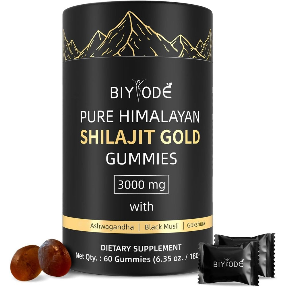 Biyode Pure Himalayan Shilajit Sixty Vegan Capsules bottle front view for premium energy supplement.