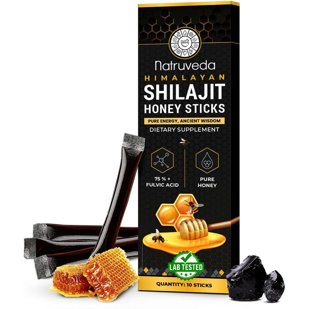 Natruveda Himalayan Shilajit Honey Sticks front view premium Ayurvedic supplement packaging