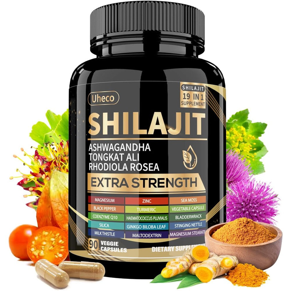 Uheco Shilajit capsules front packaging bottle for natural wellness import