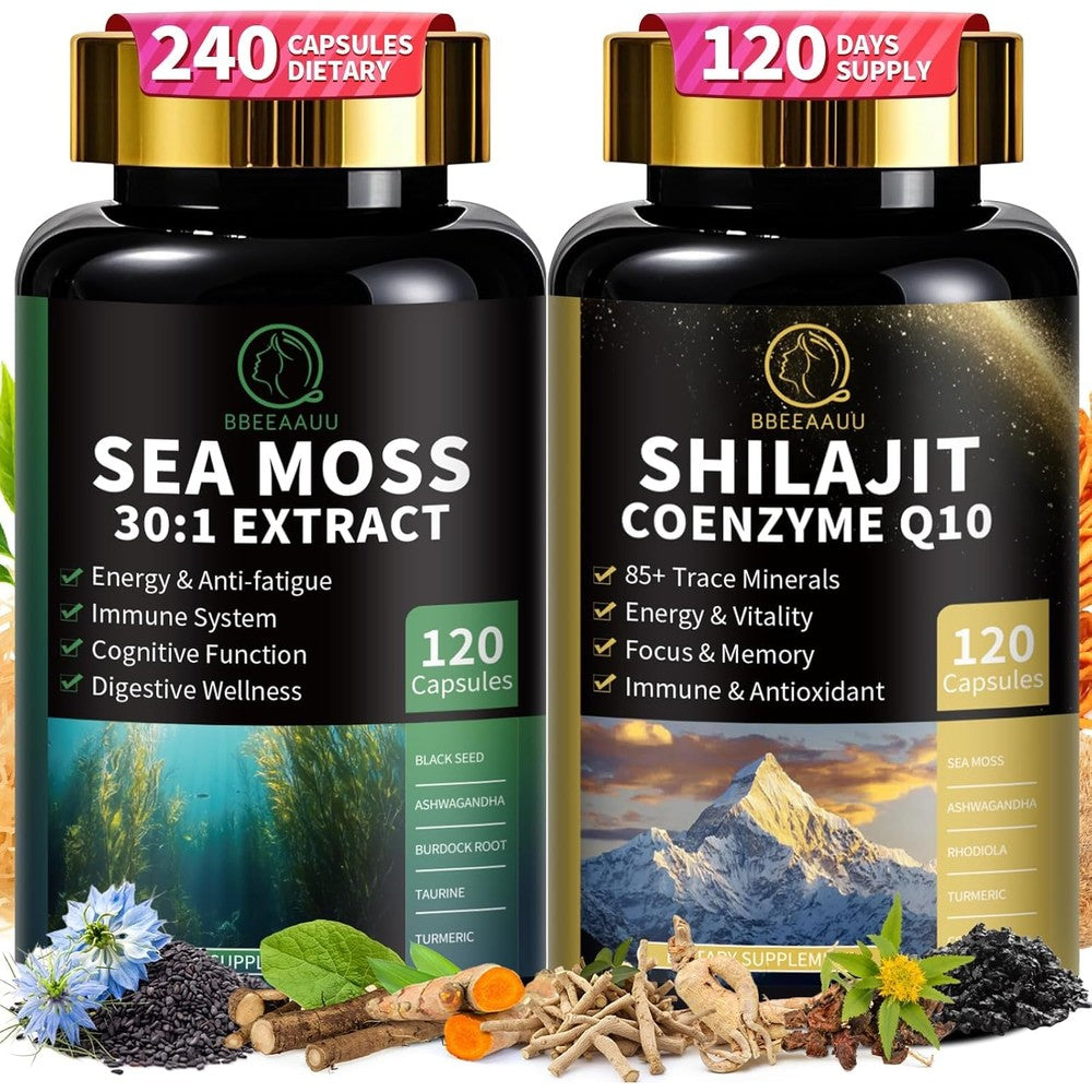 BBEEAAUU Shilajit and Sea Moss Bundle front view showcasing 240 dietary capsules bottle design.