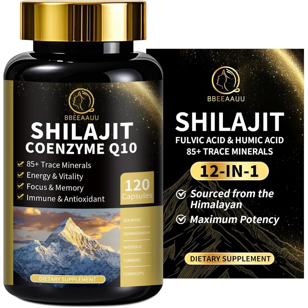 BBEEAAUU Himalayan Shilajit Sea Moss and Ashwagandha 120 Capsules front view premium dietary supplement