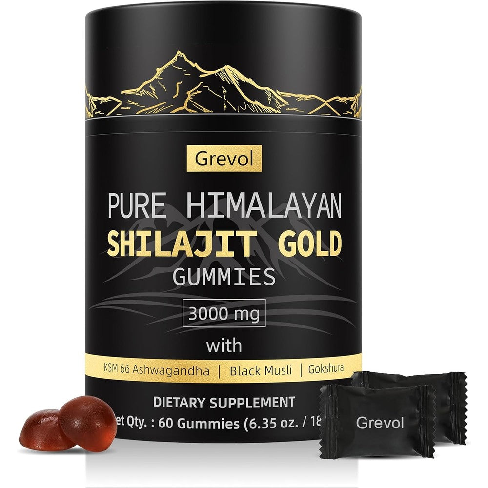 Grevol Himalayan Shilajit Gold Gummies front view container showing 60 count dietary supplement for daily vitality.
