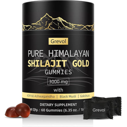 Grevol Himalayan Shilajit Gold Gummies front view container showing 60 count dietary supplement for daily vitality.