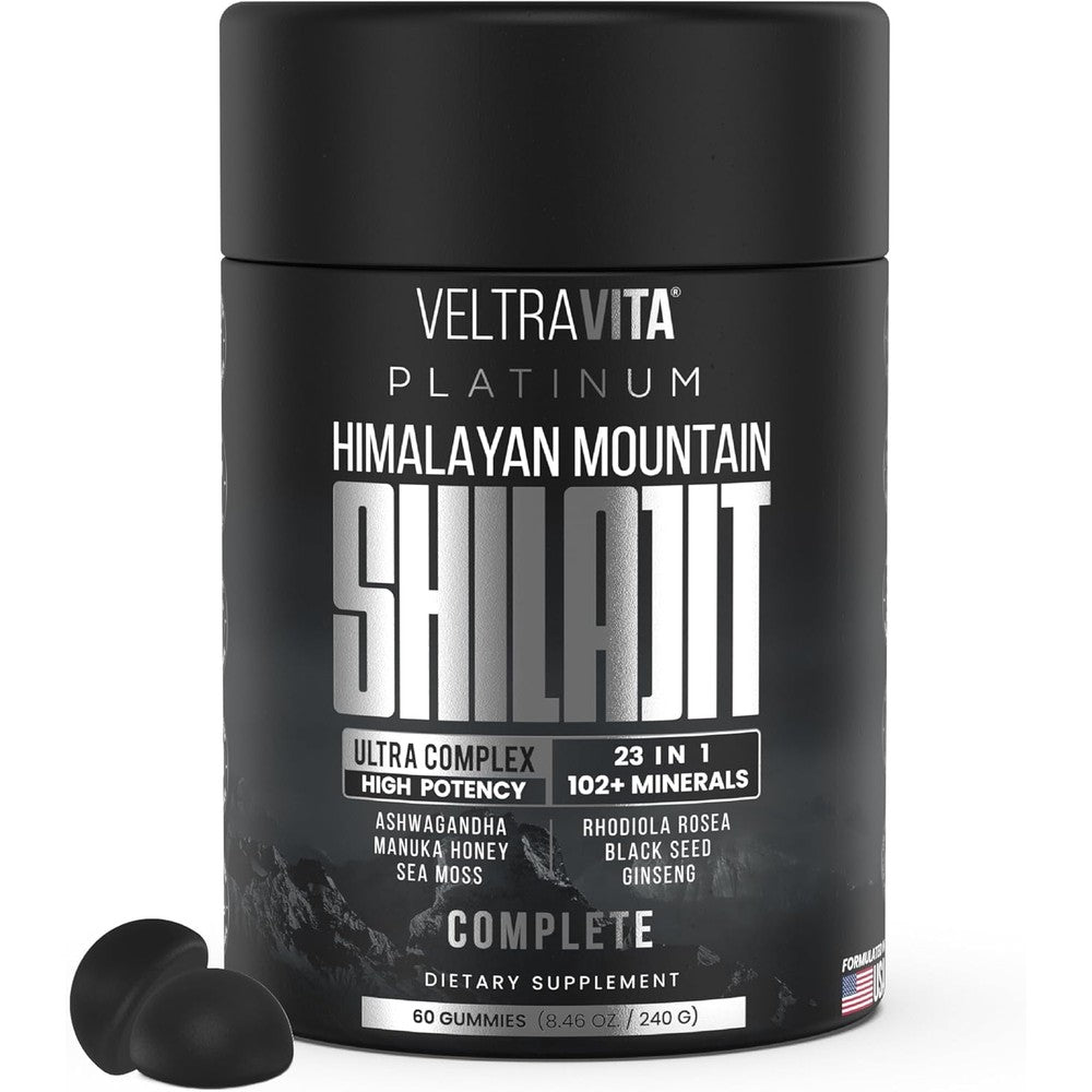 VeltraVita Ashwagandha Himalayan Shilajit Rhodiola Rosea sixty gummies front view bottle