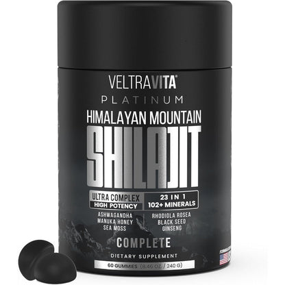 VeltraVita Ashwagandha Himalayan Shilajit Rhodiola Rosea sixty gummies front view bottle