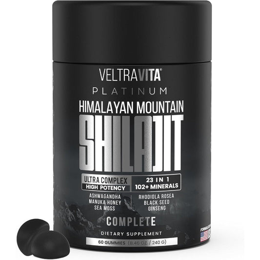 VeltraVita Ashwagandha Himalayan Shilajit Rhodiola Rosea sixty gummies front view bottle