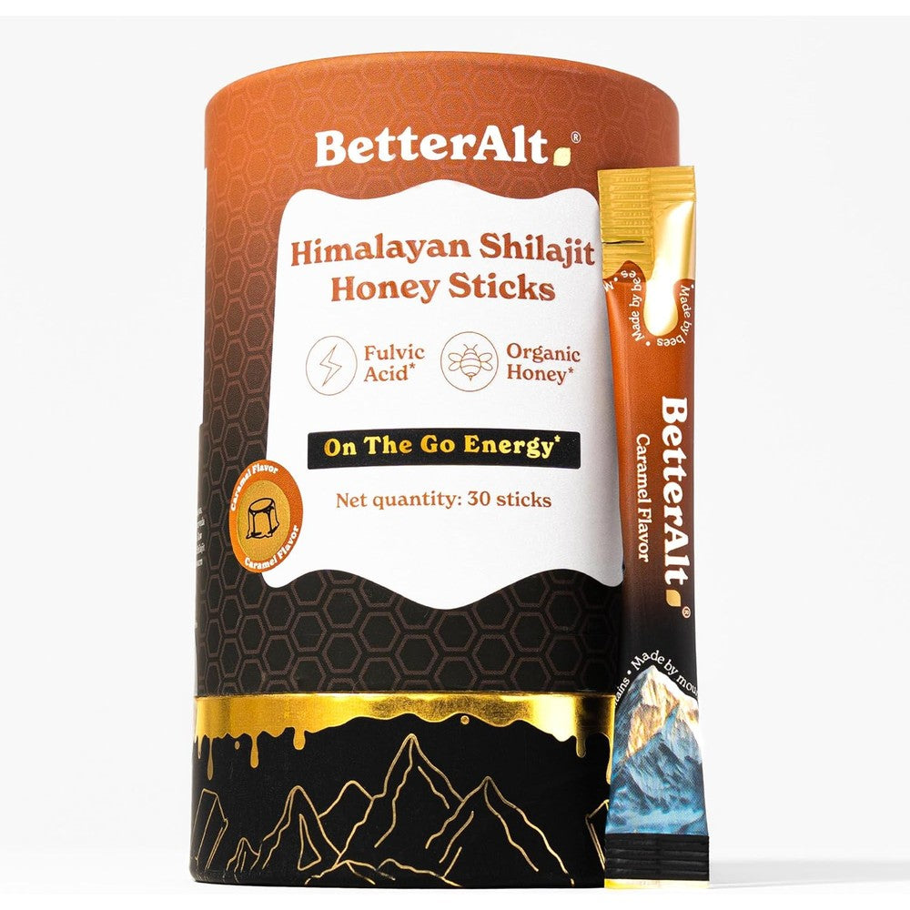 Organic Dreaming Better Alt Himalayan Shilajit Caramel Honey Sticks box front view displaying daily wellness supplement.