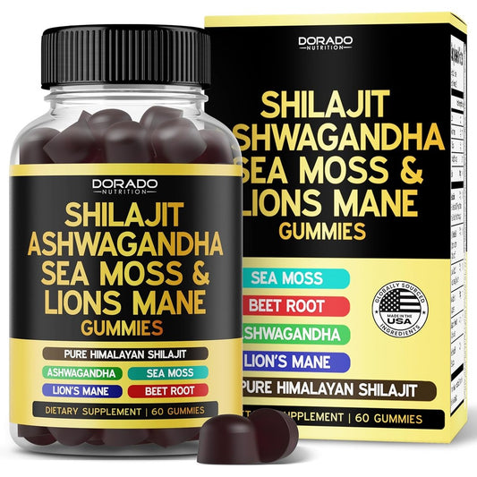 Dorado Nutrition Shilajit Gummies front view bottle showing 60 vegan gummies.