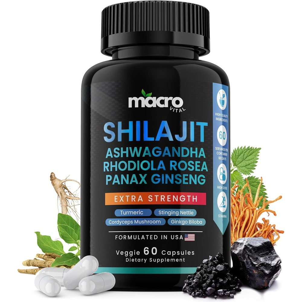 Macro Vital 8 in 1 Shilajit Ashwagandha 60 vegan capsules front view bottle packaging for daily natural energy.