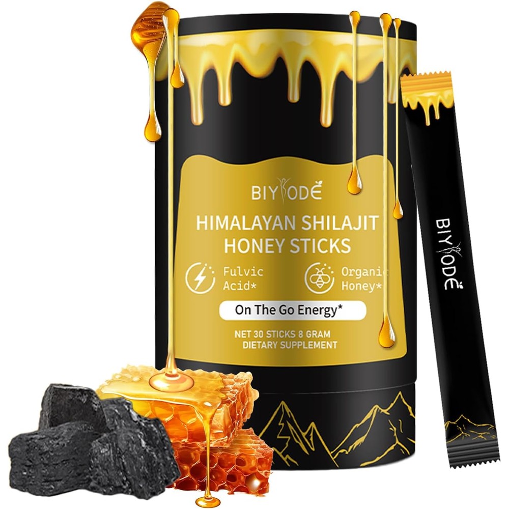 Auixopi Pure Shilajit Honey Sticks front view of black cylindrical container