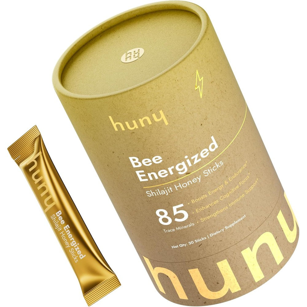 HUNY Bee Energized Shilajit Honey Sticks front view of canister packaging containing thirty units