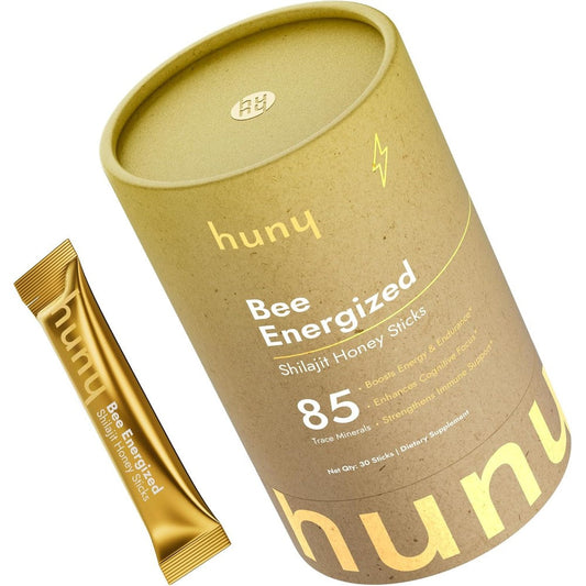 HUNY Bee Energized Shilajit Honey Sticks front view of canister packaging containing thirty units