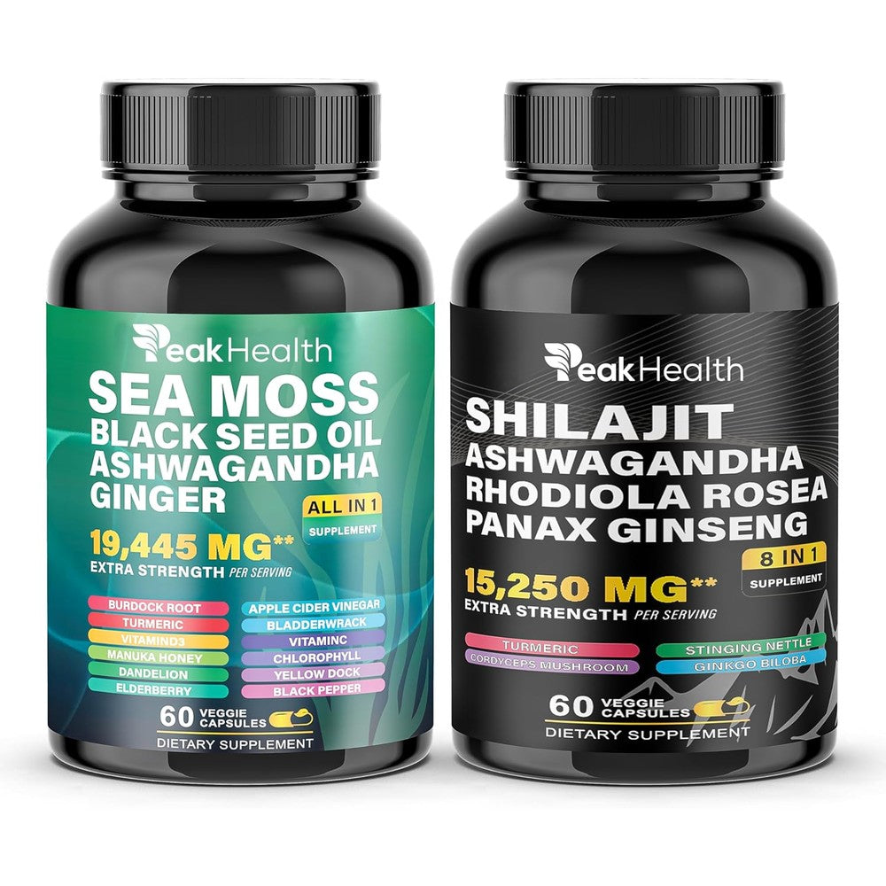 Peakhealth Shilajit Sea Moss Black Seed Oil Ashwagandha 2 bottle pack front view for daily energy support