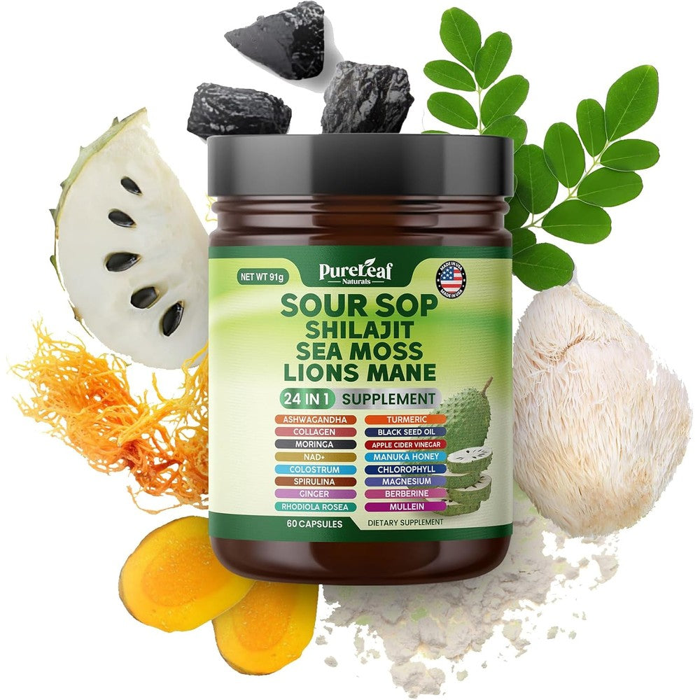 PureLeaf Naturals Soursop Shilajit Sea Moss 60 Capsules bottle front view showing product benefits.