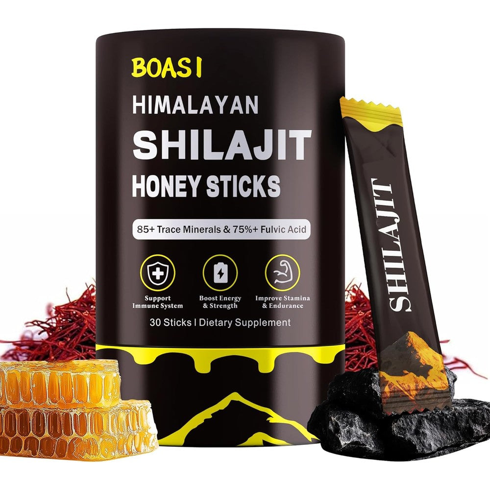 Boasi Shilajit Honey Sticks 30 Units canister front view showing packaging details for natural energy supplement.