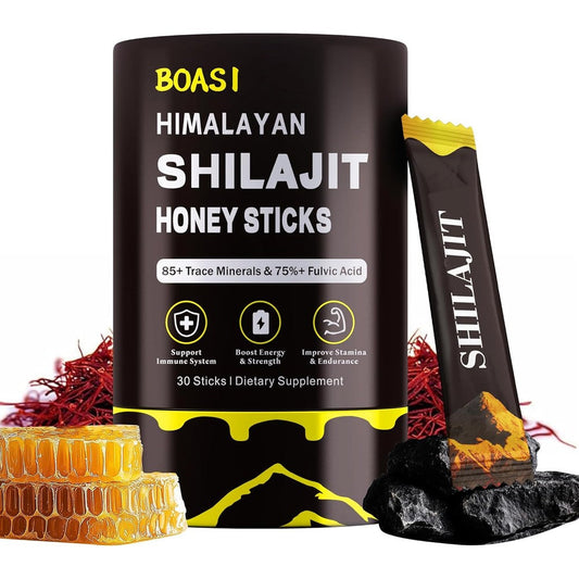 Boasi Shilajit Honey Sticks 30 Units canister front view showing packaging details for natural energy supplement.