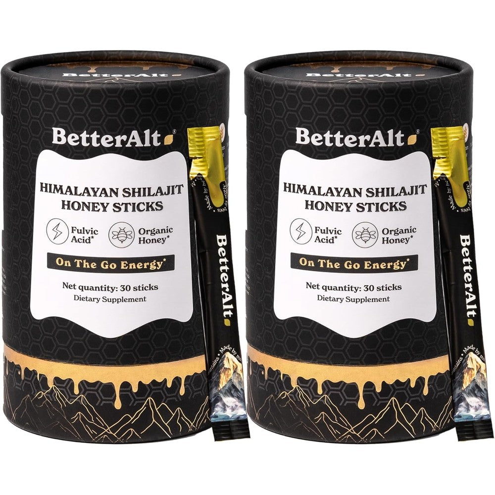 Better Alt Pure Himalayan Shilajit Honey Sticks front view of packaging box containing sixty energy sticks.