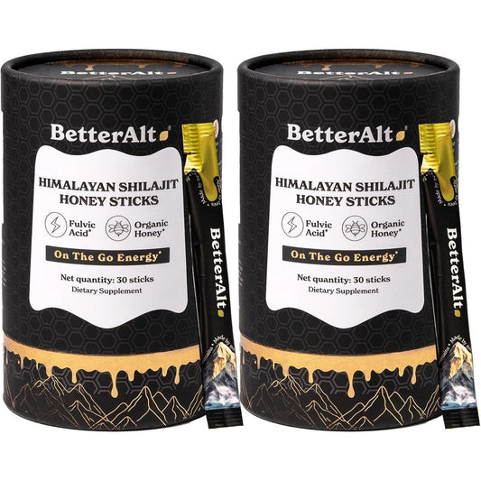 Better Alt Pure Himalayan Shilajit Honey Sticks front view of packaging box containing sixty energy sticks.