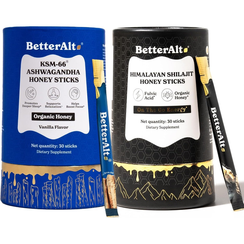 Better Alt Ashwagandha and Shilajit Honey Sticks 2 Pack front view showcasing authentic USA imported packaging.