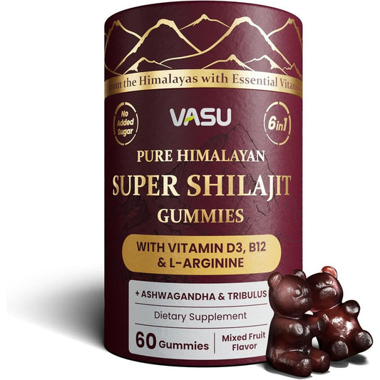 Vasu 6 in 1 Pure Himalayan Gold Shilajit Gummies front bottle view for daily energy support.