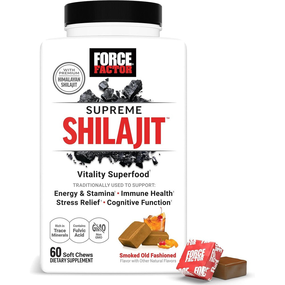 Force Factor Supreme Shilajit Soft Chews bottle front view for daily energy and stamina.