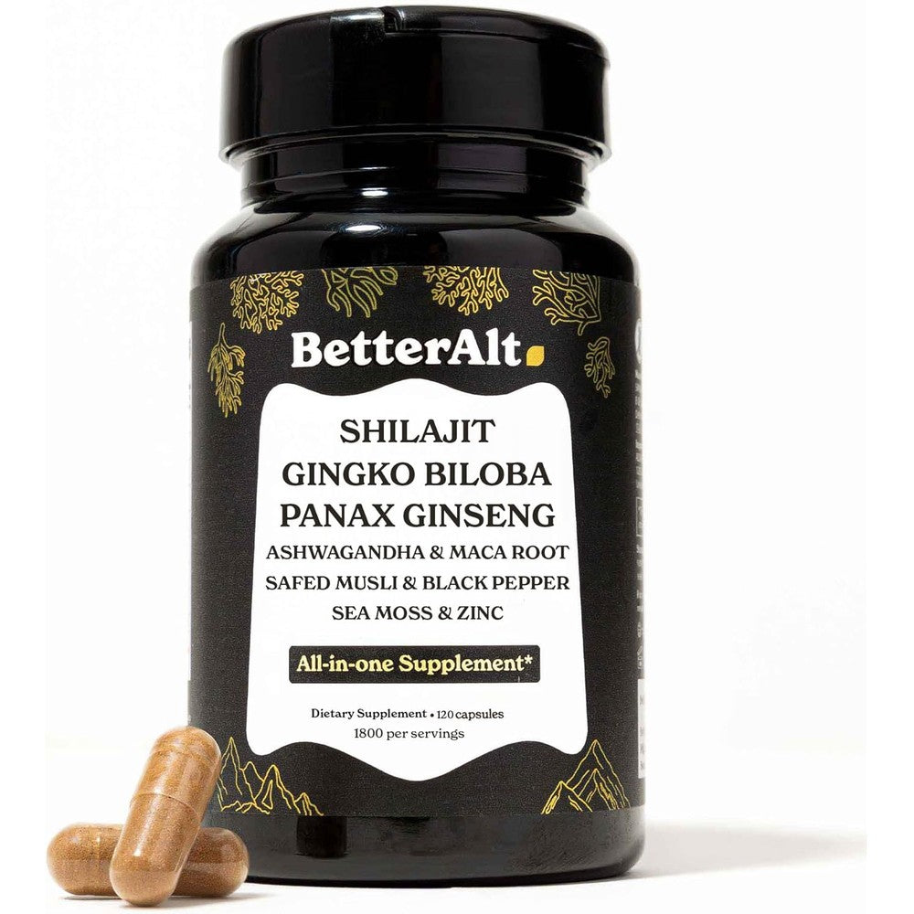 Better Alt Shilajit Maca Root Ginseng Ashwagandha 120 capsules front bottle view for stamina boost