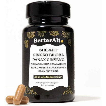 Better Alt Shilajit Maca Root Ginseng Ashwagandha 120 capsules front bottle view for stamina boost